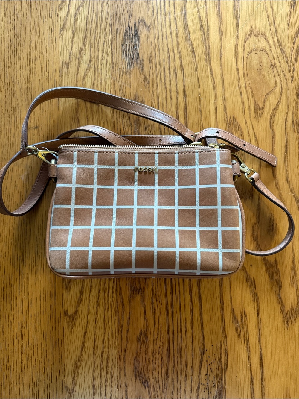 Fossil Tan Crossbody with White Grid Pattern